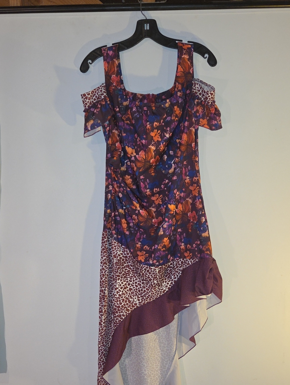Asymmetrical Cold-Shoulder Floral Dress in Purple and Orange